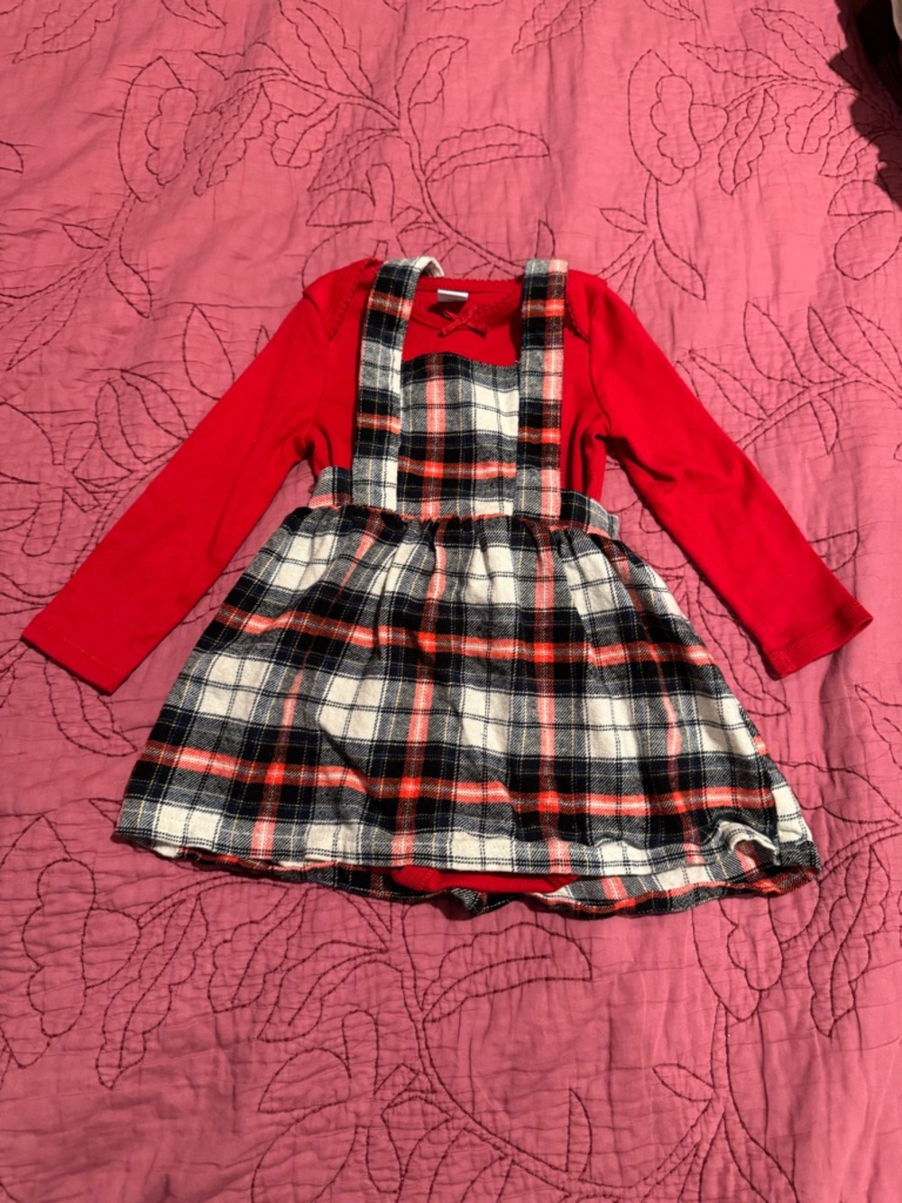 Old Navy Baby Set- Red Long Sleeved One Piece w/ Plaid Suspender Skirt -12-18m